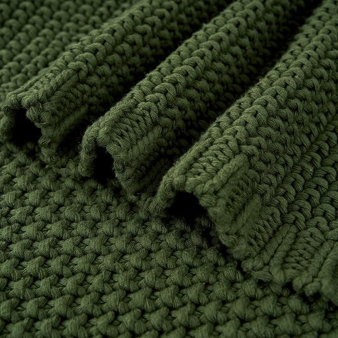 Chunky Cable Knit Throw Blanket Lightweight Olive Green 100% Organic Cotton Blanket for Sofa Couch Bed Baby Nursery, Rustic Shabby Chic Modern Farmhouse, 51” x 63” Give Laundering Bag