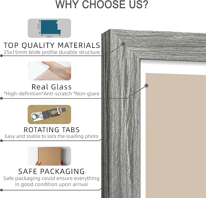 Hongkee 11x14 Picture Frame Set of 4, Made of Real Glass and Grey Wooden Frame, Display 8x10 Pictures with Mat or 11 x 14 Posters without Mat for Wall Mounting, Gallery Photo Frames