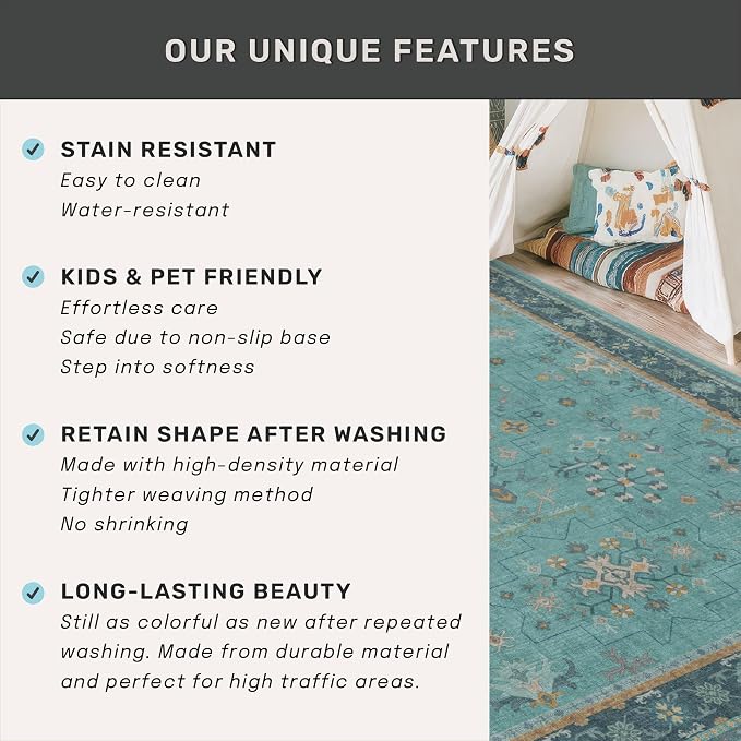Hazo Haus Teal 10ft Long Hallway Runner Rug - 3 x 10 Runner Rug, Boho Washable 3x10 Kitchen Floor Mat - Vintage Eclectic Boho Design Décor