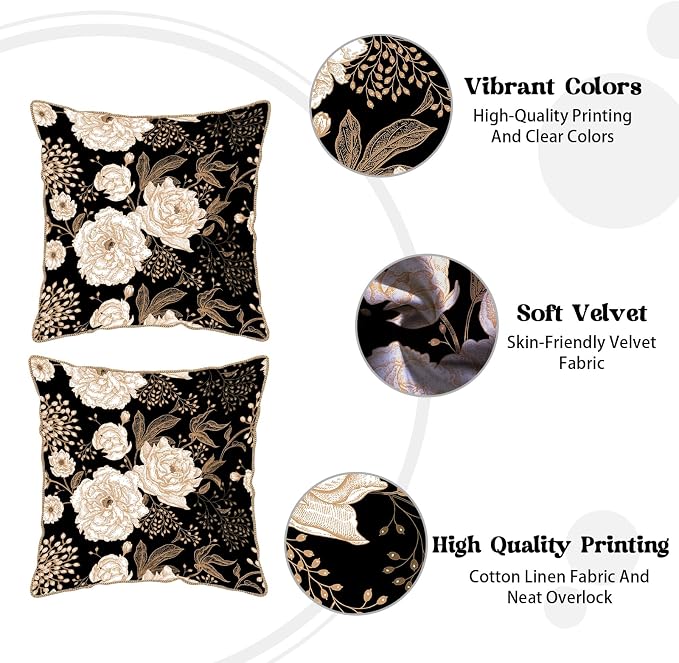 KSLIDS Vintage Peony Roses Floral Soft Velvet Throw Pillow Covers Set of 2 White Roses Flower Bloom Leaves Decorative Pillow Covers 20x20 Inch Black Gold Cream Pillow Case for Sofa Couch Home Decor