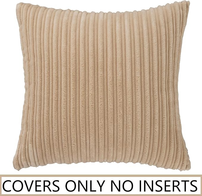 UGASA Velvet 26x26 Inch Soft Throw Pillow Cover Decorative Corduroy Striped Both Sides Solid Square Cushion Case Boho Farmhouse for Couch Bedroom Sofa Home, 1 Piece, Beige