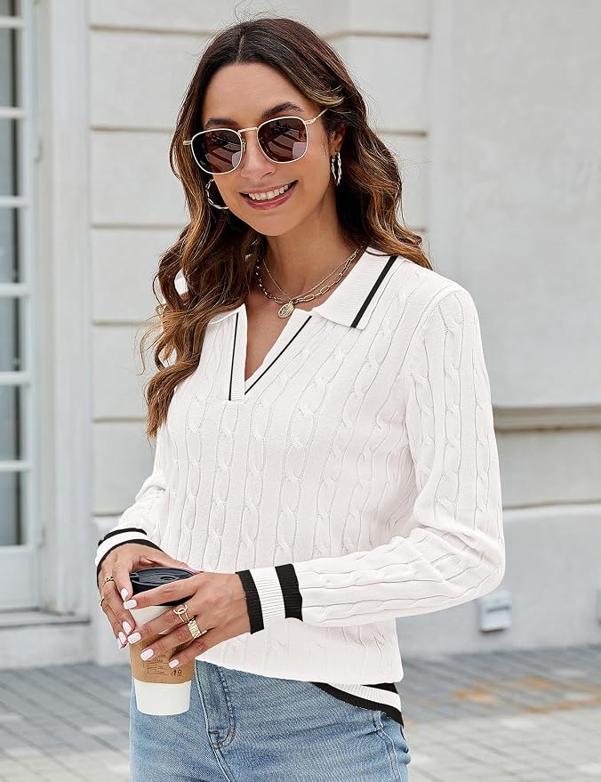 Micoson Womens Fall Long Sleeve Sweaters Lapel V Neck Cable Knitted Pullover Casual Soft Jumper Top
