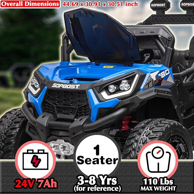 Sopbost 24V Premium 4x4 Ride On UTV for Kids with Remote Control, Electric Off-Road Truck with EVA Rubber Tires, 2WD/4WD Switch, Music & LED Lights, Battery Powered Car for Big Kids Ages 3–8 (Blue)
