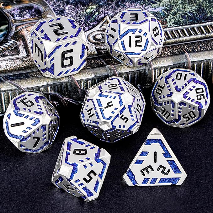 Metal DND Sci-fi Dice Set 7PCS Stripe Polyhedral Dice for Dungeons Dragons RPG Role Playing Game, Glitter D and D Dice with Gift Box D6 D8 D10 D12 D20 (Silver Blue)