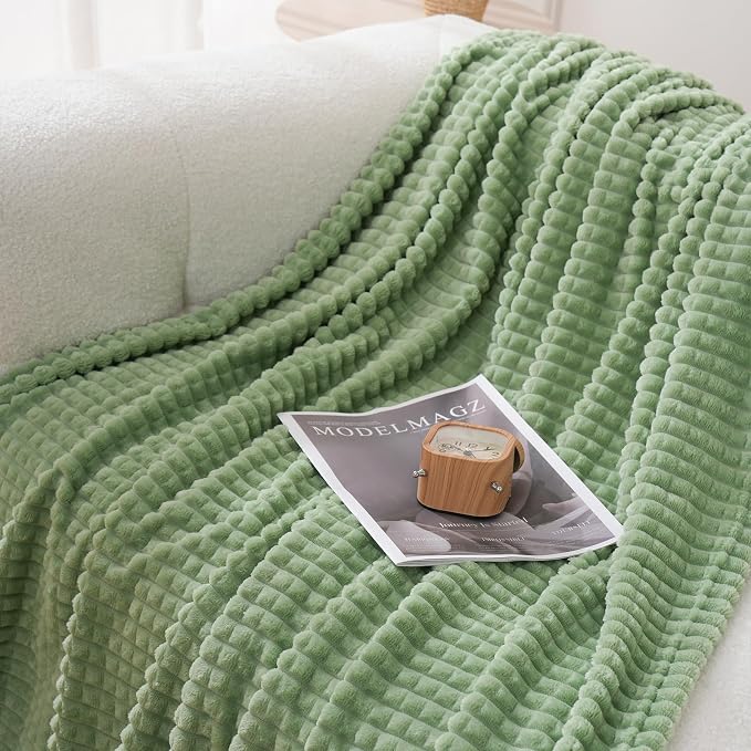 Puncuntex Fleece Throw Blanket Sage Green 108"×90" with Square Grid Design | Super Soft Plush Cozy Flannel Throw Blanket Luxury for Couch Sofa Chair