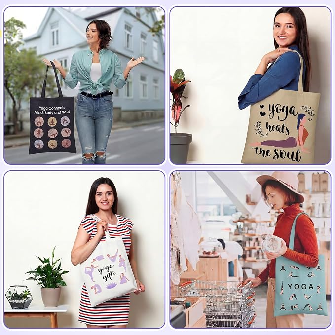 Hsei 12 Pcs Yoga Lover Gift Women Canvas Aesthetic Tote Bag Accessories Organizer Pilates Instructor Gift Yoga Teacher Grocery Bag Reusable Grocery Storage for Teachers Yogis Pilates Workout