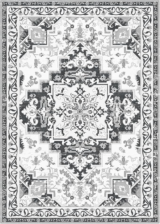 Rugflix 6x9 Area Rugs for Living Room, Washable Light Grey Large Rug | Machine Washable; Stain-Resistant; Low Pile; Non-Slip; Boho Vintage Printed; Carpet for Bedroom Dining Office Nursery Home