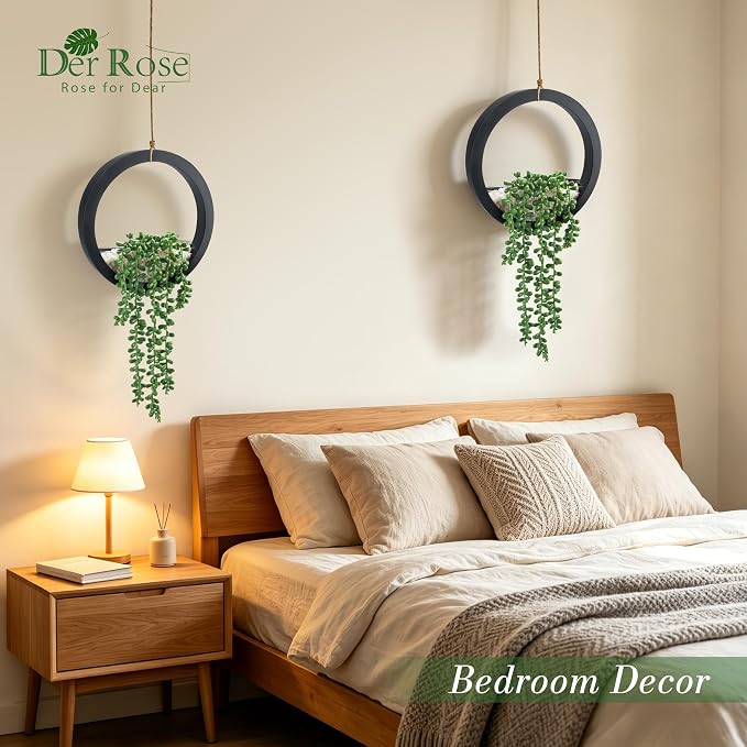 Der Rose 2 Pack 16" Artificial Hanging Plants in Black Pots for Wall Decor | Hanging succulents plants,faux string of pearls plants,great for bathroom bedroom living room boho wall decor,fresh all year
