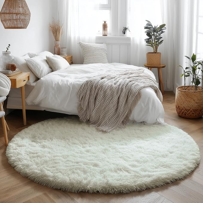 Amdrebio Ivory White Large Round Rug 8Ft for Kids Bedroom Aesthetic, Fluffy Fuzzy Furry Circle Area Rugs for Living Room, Big Plush Soft Shaggy Cream Carpet for Apartment Baby Nursery Teen Girls Boys