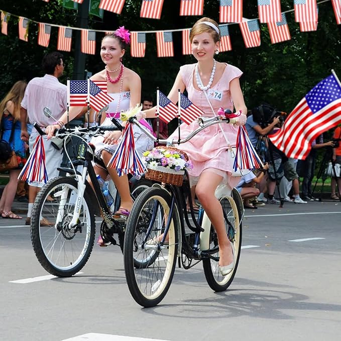 PLATT Kids Bicycle Streamers & Bike Handlebar American Flag Set, 4th of July Patriotic Bicycle Decoration for Girls Boys Bike Scooter, Independence Day Kids Bike Parade (Blue&Red&White)