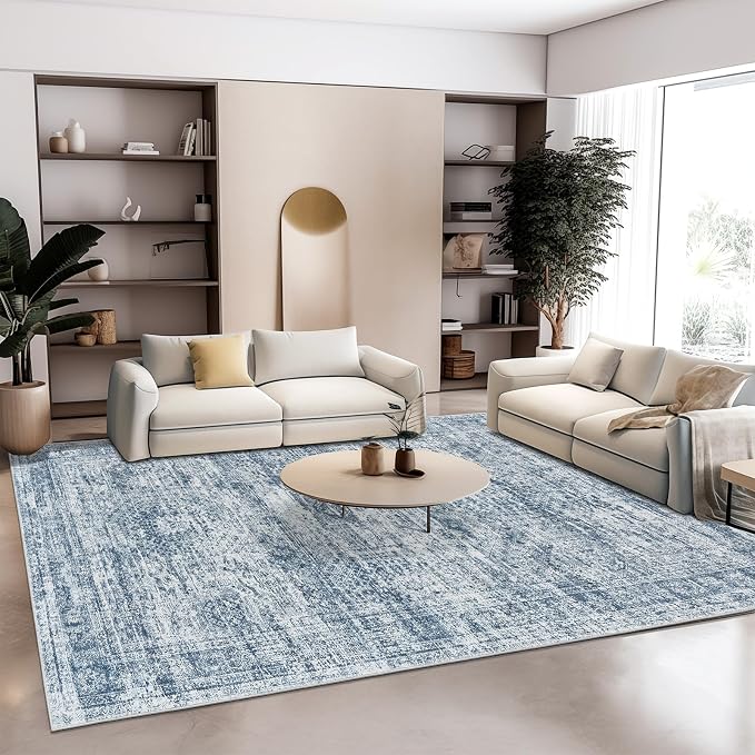 Soalmost 9x12 Area Rugs for Living Room Washable Rug Non-Slip Blue | Large Vintage Stain Resistant Carpet for Dining Bedroom, Low Pile Lightweight Foldable Floor Mat Nursery Home Office Decor