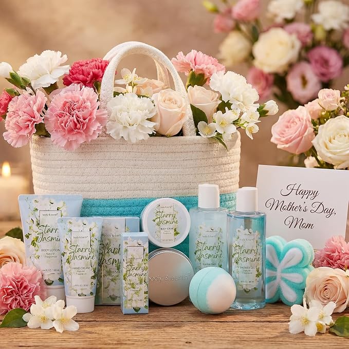 Body & Earth Gift Baskets for Women 11PCS Jasmine Spa Gift Sets for Her, Self Care Kit with Bubble Bath, Shower Gel, Lotion Set, Christmas Gifts for Mom