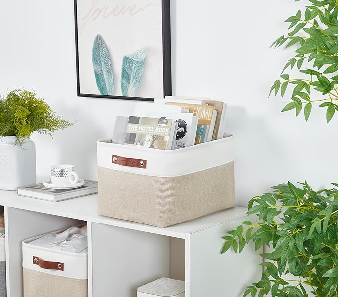 DECOMOMO Storage Bins, Large Fabric Storage Baskets for Shelves 3 Pack | 15 x 11 x 9.5 inches Decorative Linen Closet Organizers with Handles(Beige and White)