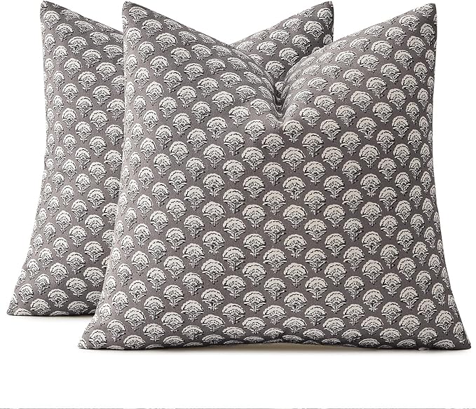 MIULEE Floral Print Decorative Pillow Covers 18x18, Stone Grey | Vintage Boho Farmhouse Modern Home Decor, Set of 2, Block Print Cushion Covers for Couch Sofa Bed Living Room
