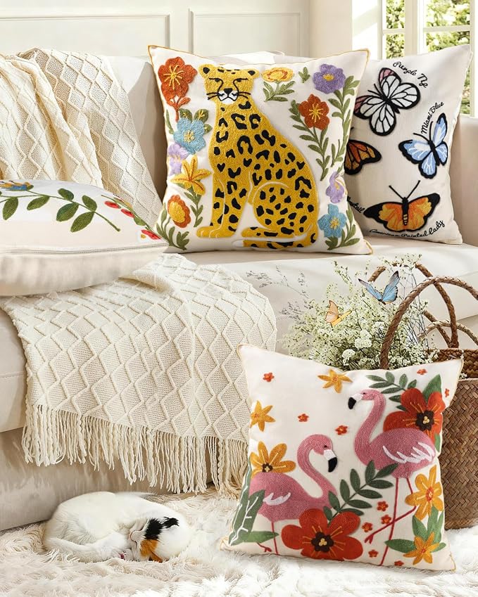 Animal Embroidered Throw Pillow Cover 18x18 Inch, Leopard Floral | Decorative Pillow Cover, Boho Cushion Cases with Hidden Zipper, Fall Decor for Couch, Sofa, Living Room, Bedroom
