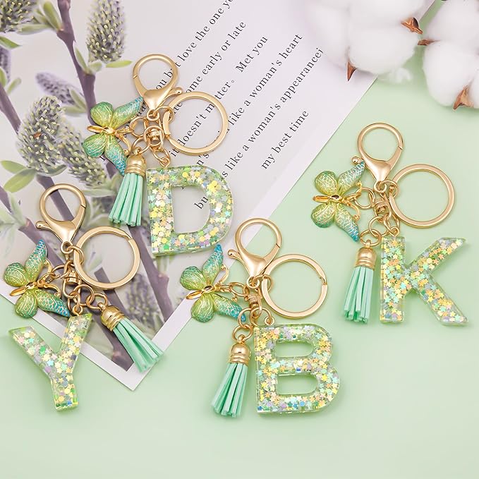 Fashion Alphabet Initial Letter Keychain Tassel Butterfly Pendant Key Ring for Purse Handbags Women Girl
