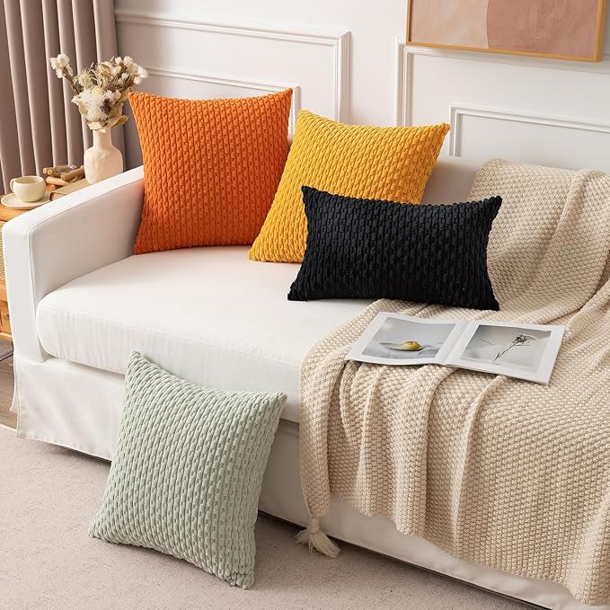 Kevin Textile Soft Corduroy 14"x24" Lumbar Pillow Cover 1 Pack, Black | Boho Stripe Plush Corduroy Decorative Oblong Cushion Cover Modern Farmhouse Home Decor for Sofa Couch Bed Chair