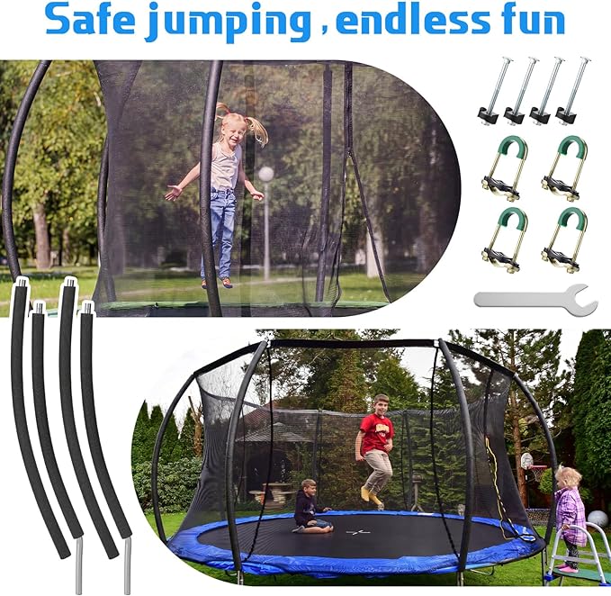 Trampoline Poles Replacement, Fit for 8-16ft Frame, Universal Curved Enclosure Net Pole, Includes Mounting Hardware & Foam Cover, 2 Installation Options