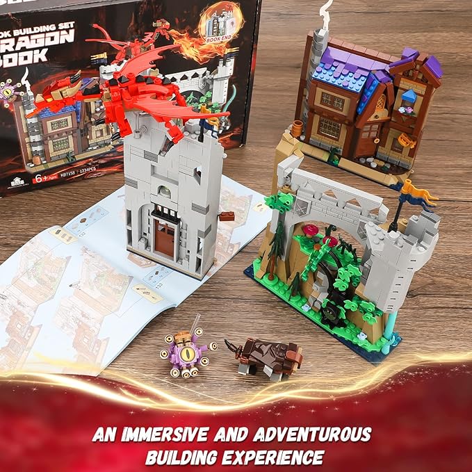 Red Dragons Medieval Castle Book Nook Building Set, Unique Bookend for Bookshelf & Home Decor, Compatible with Lego Adults, Dragon Toy Gift for Kids Boys 8-14 (1234 PCS)
