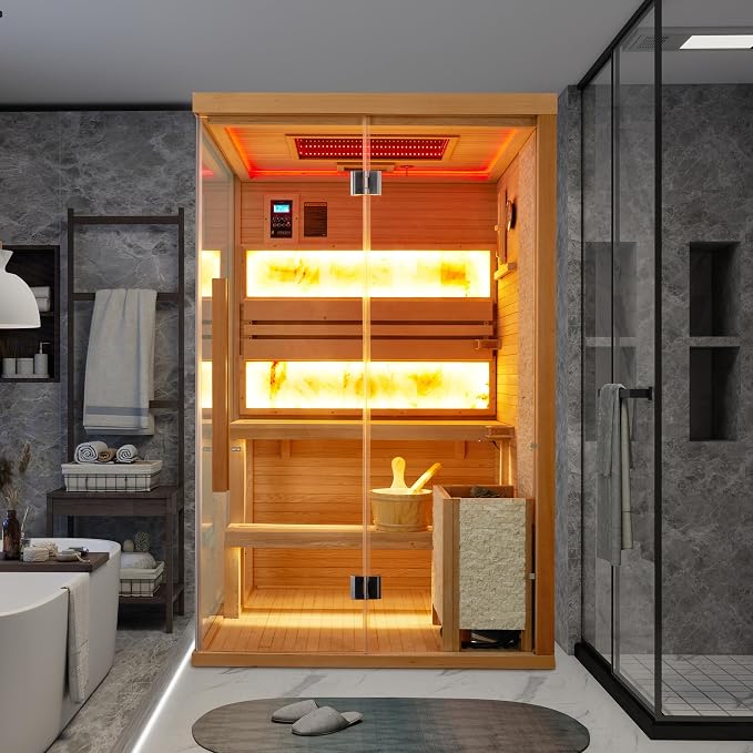 Traditional Steam Sauna,2-4 Person Luxurious Indoor Sauna with 2300W Stove Heater,Wood Sauna Room with 2 Himalayan Salt Bricks,7-Color Dynamic Abysm Sky Lights,220V,Bluetooth Speaker