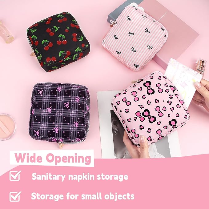 Sanitary Pad Storage Bag Portable Period Bag for Teen Pads/Sanitary Napkins/Small Tampons, Sanitary Napkin Storage Bag First Period Gifts for Teen Girls (Pink Stripe Bowknot)