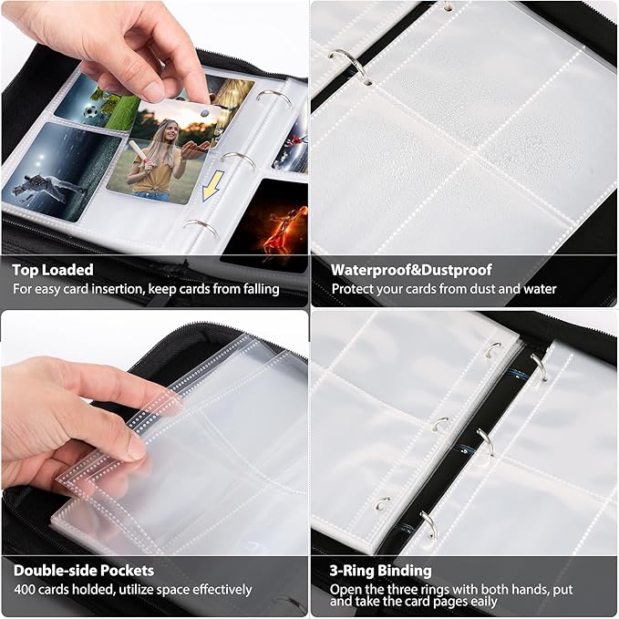 WOT I Trading Card Binder, 400 Pockets Card Binder Sleeves with Zipper, Double Sided Pockets Card Holder Carry Card Case for Baseball Card, Football Card
