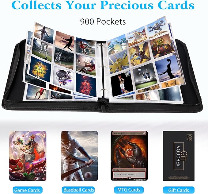 WOT I Trading Card Binder, 900 Pockets Baseball Card Binder Sleeves with Zipper, Double Sided Pockets Card Holder Carry Card Case for Baseball Card, Football Card(Purple)