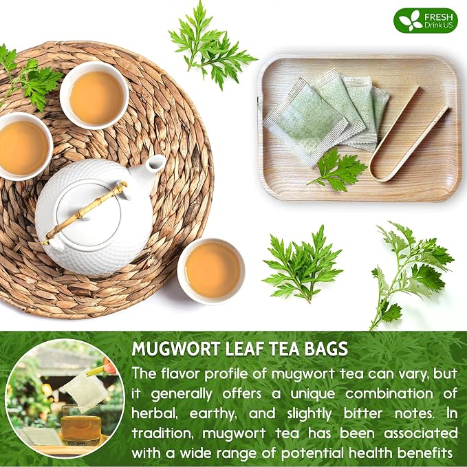 FreshDrinkUS, Premium 60 Mugwort Leaf Tea Bags, 100% Natural and Pure Mugwort Leaves. No Sugar, No Caffeine, No Gluten, Vegan.