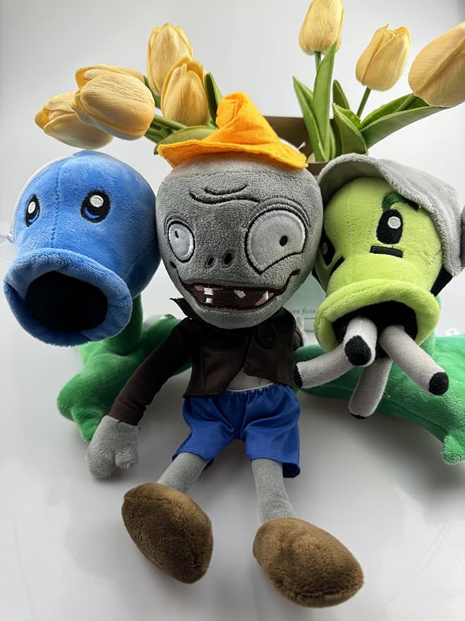 JHESAO 3 PCS Plants and Zombies PVZ Plush Toys - Brown Coat Gatling Peashooter, Ice Peashooter, Conehead Zombies Plushies New