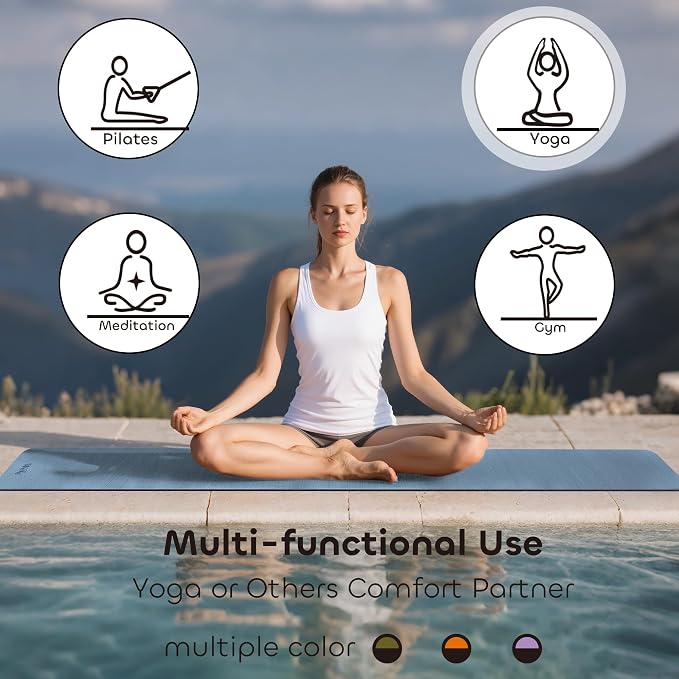 Non-slip TPE Yoga Mat for Women & Men,72"x24" Double-Sided Workout Mat for Home Gym Pilates Fitness,1/4 Inch Packable Lightweight Exercise Mat with Strap for Travel,Non Toxic Exercise Floor Mat