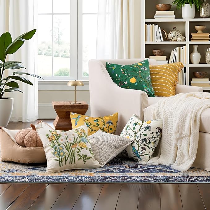 MUSSEL Green Velvet Floral Decorative 20x20 Pillow Covers Set of 2 | Soft Durable and Sturdy,Bird Plant,Throw Pillows Case,Square,Colorful Mid Century Cushion Covers,Sofa Couch Decor