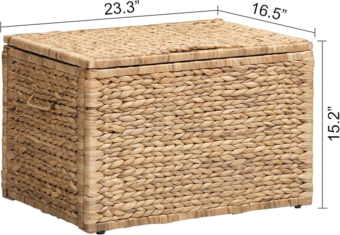 Storage Trunk with Metal Frame, Natural, 23.3 by 16.5 by 15.2 Inches | Safety Hinge, Heavy-duty Wicker Chest, Handwoven Water Hyacinth