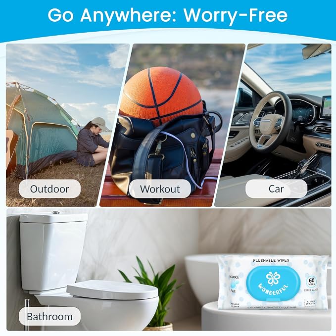 WONDERFUL Flushable Butt Wipes, Unscented 100% Plant-Based Wet Wipes for Adults & Kids, Sewer & Septic Safe, Gentle for Sensitive Skin, Wipes Flushable Pack for Bathroom & Travel, 3-Pack (180 Count)