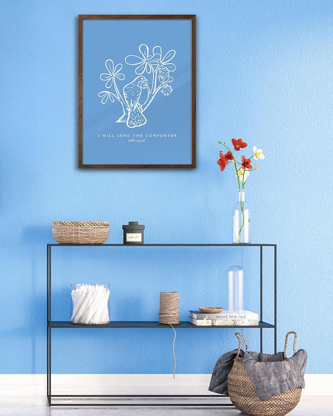 EcoHest 12x16 in John 14:16 I Will Send The Comforter Christian Wall Art | Walnut Color Solid Oak Frame, Canvas Wall Art, Bible Verse Holy Spirit Floral Decor for Bedroom, Living Room, Office, 1Pack