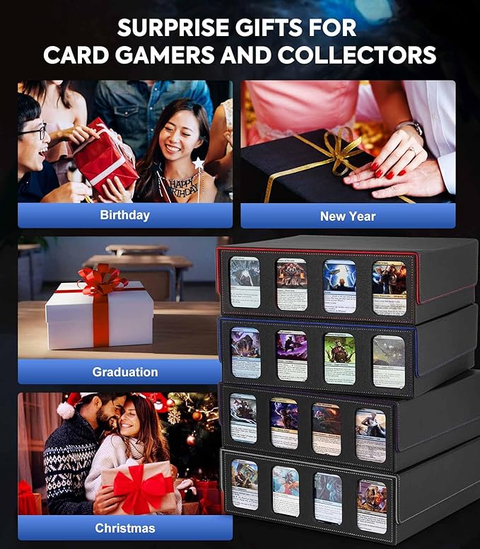 MoKo Card Storage Box for Trading Cards, 3000+ MTG Deck Box with 24 Colorful Dividers & 4 Card Supporters, Commander Card Deck Case with Display Window, Fits for Magic Game Cards, YugiOh, Black Blue
