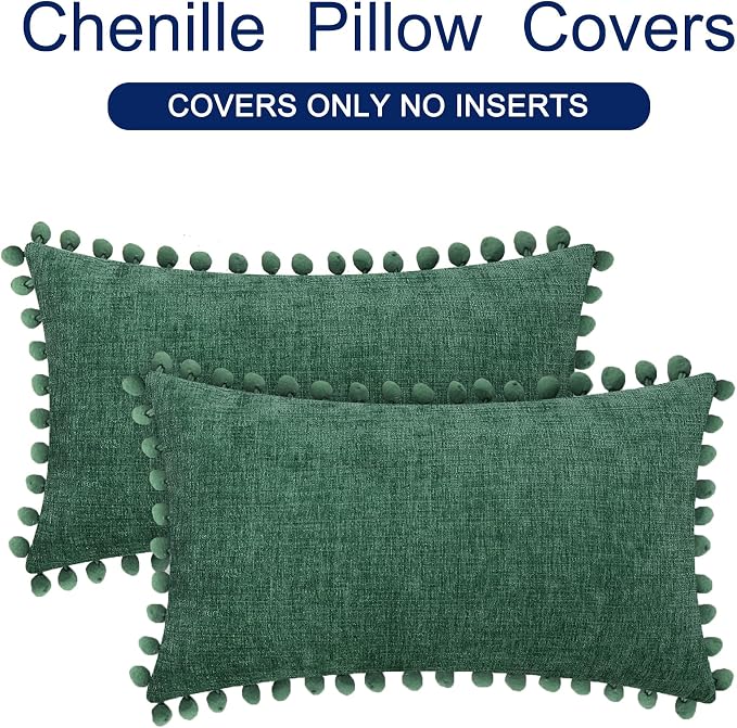 CaliTime Decorative Couch Throw Pillow Covers 20 X 12 Inches Dark Green | Pack of 2, Cozy Chenille Cushion Cases, with Pom Poms for Sofa Bed Living Room Farmhouse Home