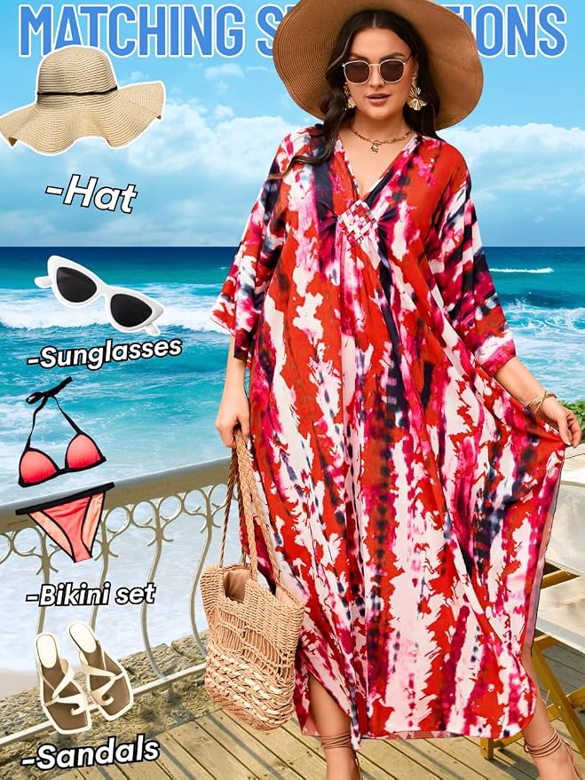 ChiaoLezhee Print Moo-Moos for Women, Kaftan Cover-Up Dresses, Sexy V-Neck High-Slit, Beach Pool-Party Coverups Muumuu Plus