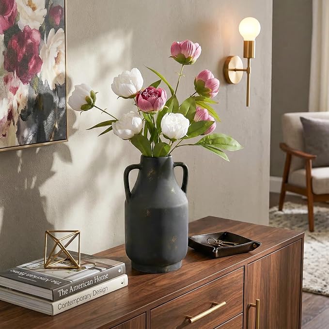 Ceramic Flower Vase with Handles, 11 Inch Tall Rustic Vase, Large Terracotta Pottery Vase for Home Decor, Farmhouse Decorative Vase for Living Room Kitchen Table Shelf Bedroom Decor