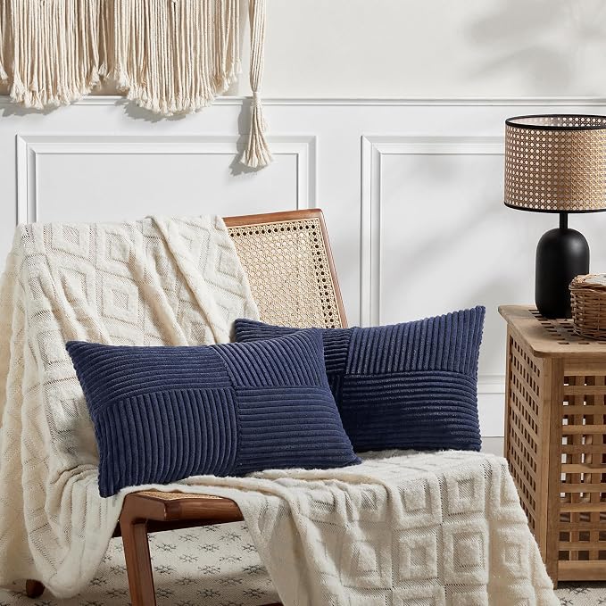 Fancy Homi 2 Packs Navy Blue Lumbar Decorative Throw Pillow Covers 16x32 Inch for Living Room Couch, Rustic Farmhouse Boho Home Decor, Soft Striped Corduroy Rectangle Accent Cushion Case 40x80 cm