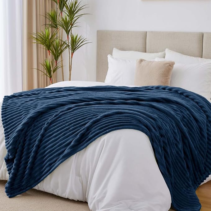 BEDELITE Ribbed Full Size Blanket for Bed, Navy, 84"x90" | Ultra-Soft Plush Fleece, Warm Yet Lightweight, Ribbed Texture, Home Decor, Machine Washable, Giftable, All-Season Use