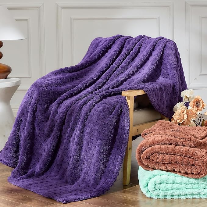NEWCOSPLAY 3D Waffle Checkered Flannel Twin Blanket, Dark Purple, 60"x80" | Super Soft Cute Lightweight Decorative Premium Silky Fleece Blanket for Couch Sofa Bed, Gift for Women Men, All Season Use