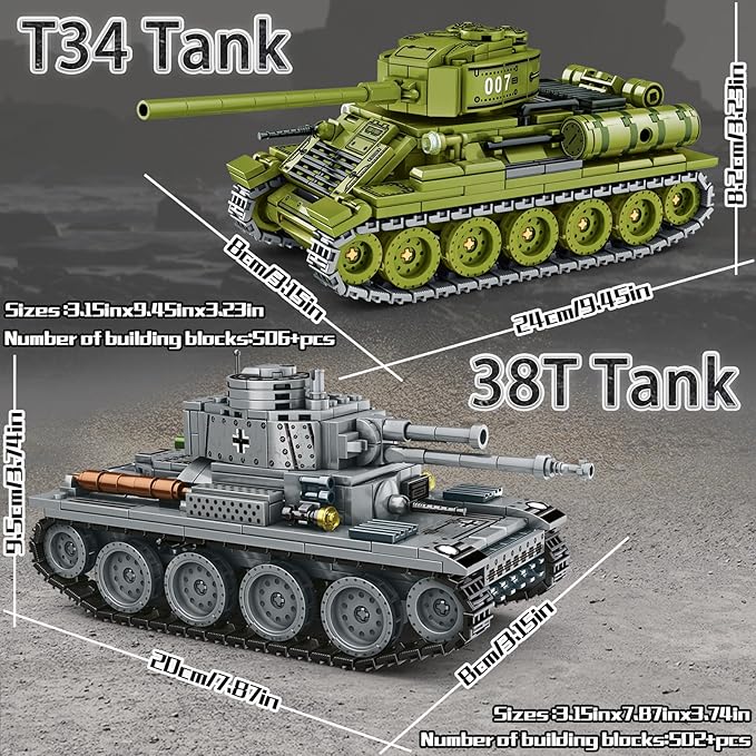 WW2 Tank Building Blocks, 38T and T-34 Army Tank Military Battle Model Kits,Toy Gifts for Boys or Men Collectors(1000+ pcs)
