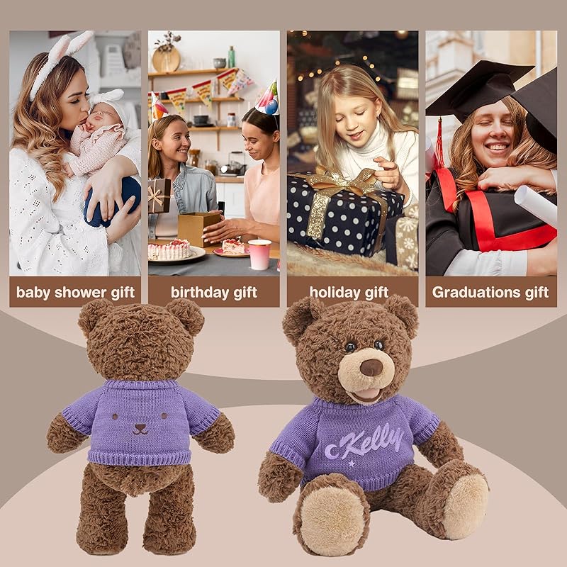 Personalized Teddy Bear Stuffed Animal, 11 Inch Custom Bear Plush with Embroidered Name Text, Christmas Birthday Gift for Baby Boys Girls Kids