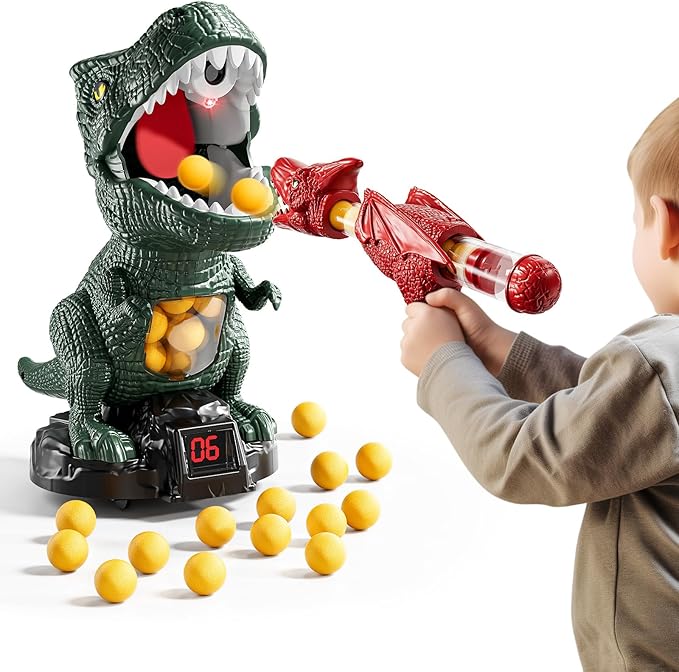 Dinosaur Shooting Boy Toys for Kids Age 3 4 5 6 7 8 - Moveable Shooting Game with Scoreboard, Light & Sound, 12 Foam Balls, Boy Toddler Toys 5-7 6-8 8-10, Competition Game Gifts (Dark Green)