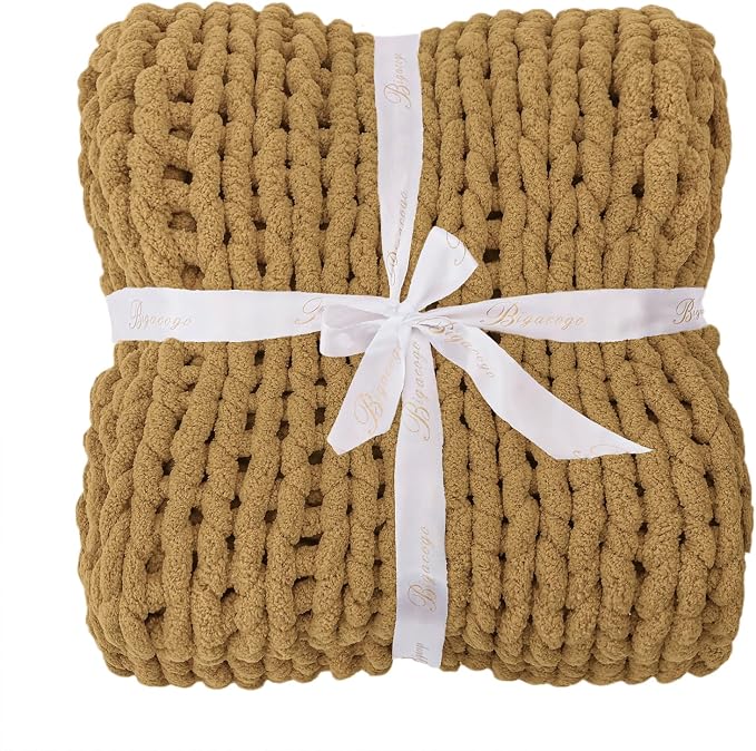 Bigacogo Chunky Knit Throw Blanket for Couch, 51x63 inches, Goldenrod | Hand Knit with Jumbo Chenille, Soft Breathable Cable Knit for Sofa Bed Living Room, Machine Washable, Gift for Mom Friend