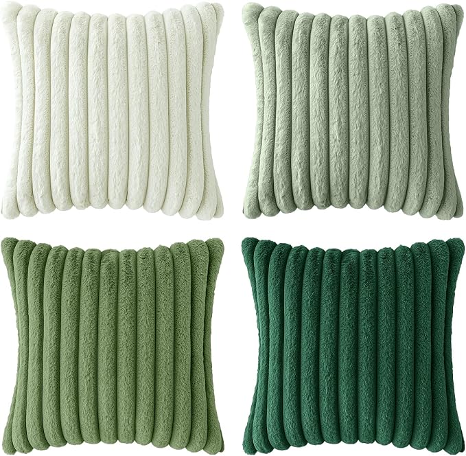 MIULEE Faux Fur Plush Decorative Throw Pillow Covers 18x18, Green | Set of 4, Striped, Soft Modern Cozy Home Decor, Cushion Cases for Sofa Couch Bed Living Room