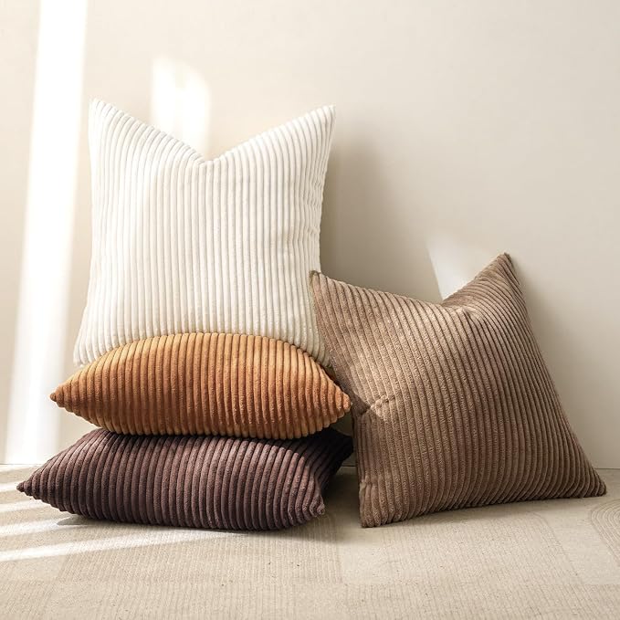 MIULEE Fall Corduroy Decorative Throw Pillow Covers Brown Series 24x24 | Set of 4, Mordern Rustic Fall Decor, Layered Brown Collection, Boho Farmhouse Cushion Covers for Couch Bed Sofa Living Room