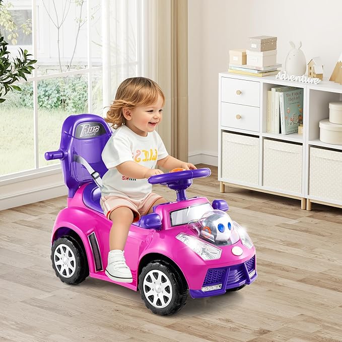 Costzon Push Car for Toddlers, 3 in 1 Stroller Sliding Walking Car with Handle, Canopy, Seat Belt, Horn, Music & Lights, Under-Seat Storage, Guardrail, Foot-to-Floor Ride On Toy for Boys Girls (Pink)