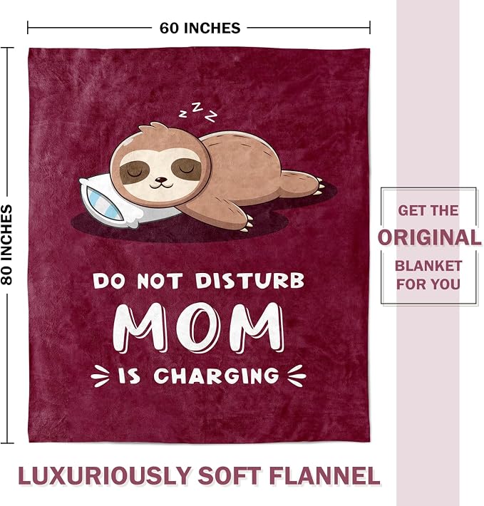 Leebbsin Funny Gifts for Mom, Birthday Gifts for Mom from Daughter Son | Mom is Charging Sloth Blanket, 60" x 80", Burgundy, Mom Gift for Christmas Mothers Day, Soft Sloth Throws Blanket for Mother
