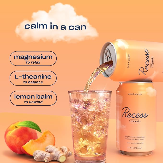 Recess Mood Magnesium & Adaptogen Drink, Relaxation Beverage, 12 ounce (Peach Ginger, 12 pack)